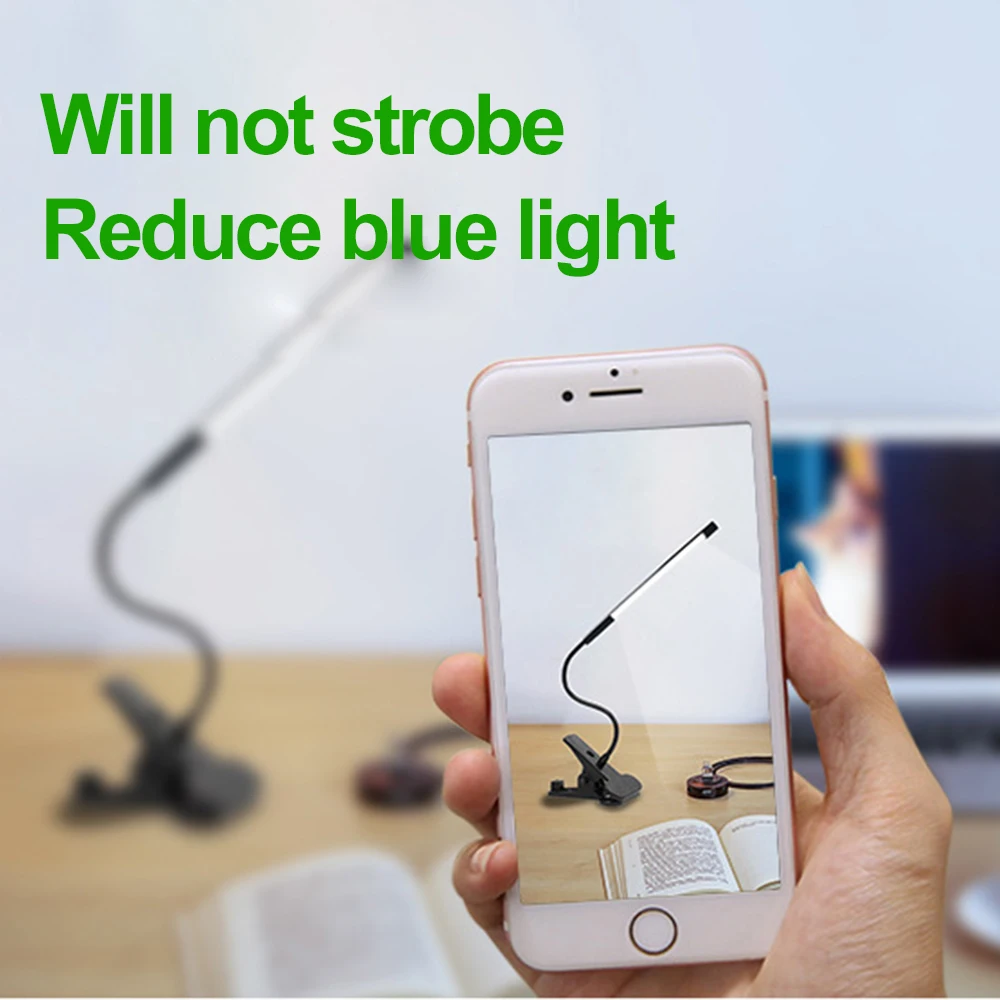 USB Powered LED Night Lamp Clip On Desk Lamp with Stepless Dimming Flexible Bending Table Lamp for Study Reading Eye-Protection