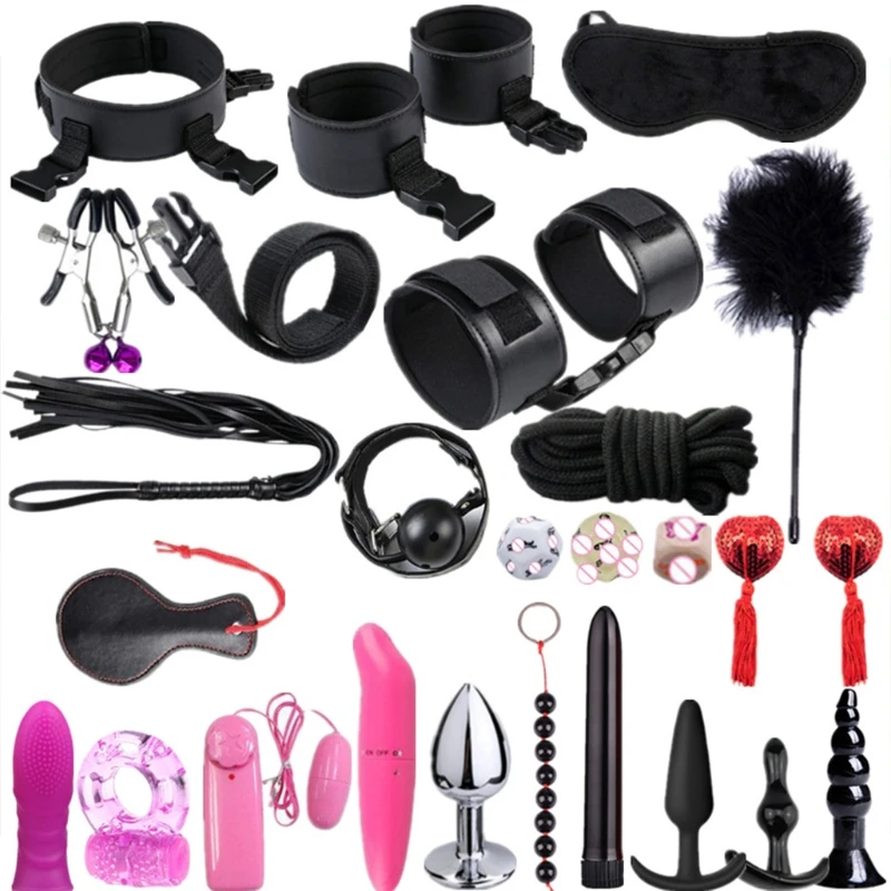 

26 Pcs/set Bondage BDSM Kit for Couple Adult Toys Restraint Bondage Set with Anal Butt Plug Wrist Ankle Cuff Whip Ball Gag