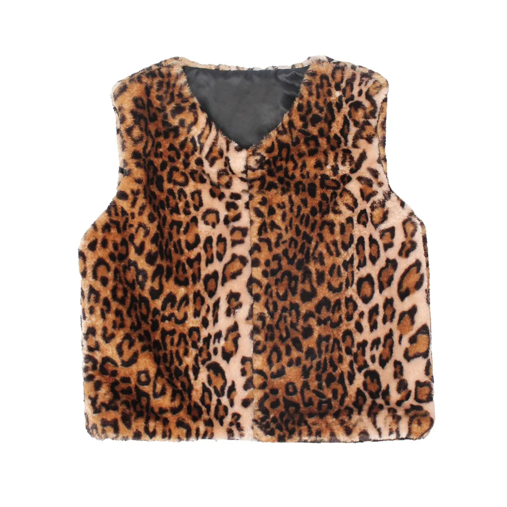 Пальто с леопардовым принтом для маленьких девочек; зимний теплый Леопардовый жилет из искусственного меха для девочек; верхняя одежда; детский жилет - Цвет: Коричневый