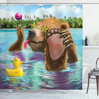 

Animal Shower Curtain, Happy Fancy Wild Bear in The Sea by The Beach with its Sunglasses Candies Print, Cloth Fabric Bathroom