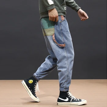

Autumn Newly Fashion Men Jeans Colorful Patch Pocket Designer Harem Pants Loose Fit Blue Black Streetwear Hip Hop Jeans Men