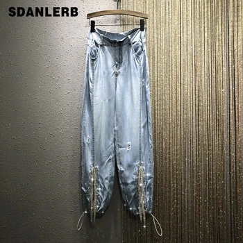 

Denim Jeans for Women European Style Crystal Tassel Beaded Spring and Summer New Thin Denim Loose Lantern Pants Jean Pants