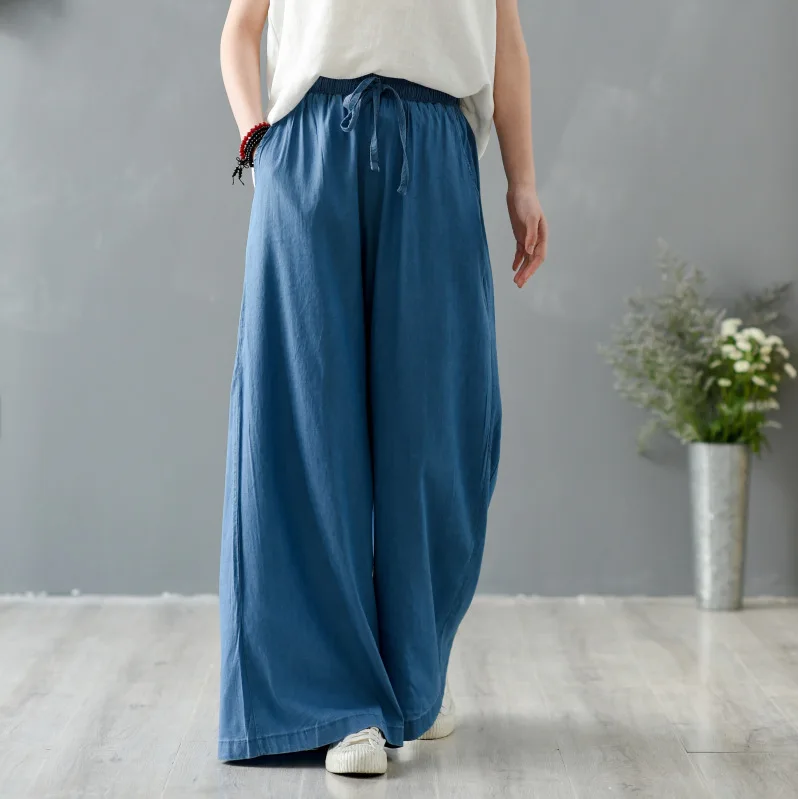 Женские однотонные брюки из тенсельной ткани широкие с эластичным поясом
