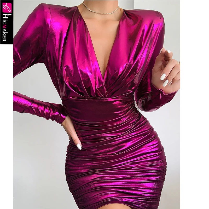 Women Plus Size Long Sleeve Plunge V-neck Bodycon Pleated Dress Back Hollow Out Sexy &amp Club Night Elegant Party Vestido | Женская