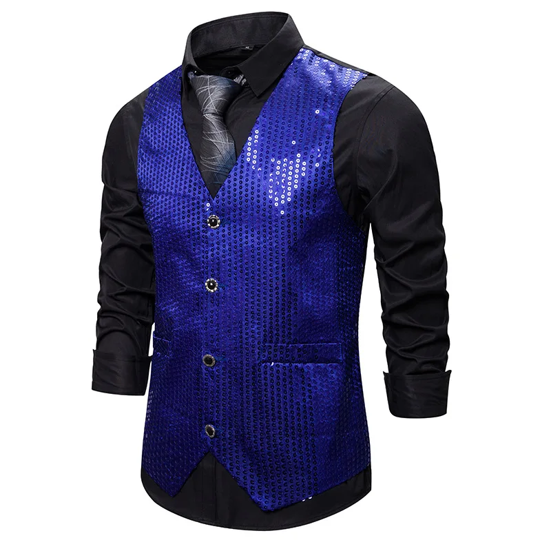 Men Vest Waistcoat Wedding Party Prom Glitter Sequinn Gilet Costume Homme Solid Single Breasted Slim Mens Dress Vests Clothing