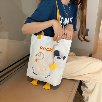 

Korean chic Canvas Bag Cute Embroidered Duck Small Tote Handbags Harajuku Student Girl School Book Bag Versatile Shopping Bag