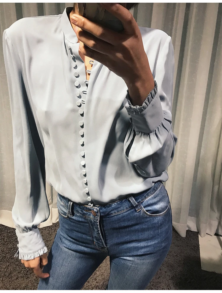 Sweden Stylish Pale Blue Button-up Shirt Classy Ballon Sleeve Loose-fit Texture Blouse Elegant Stand Color Casual Daily Blouse