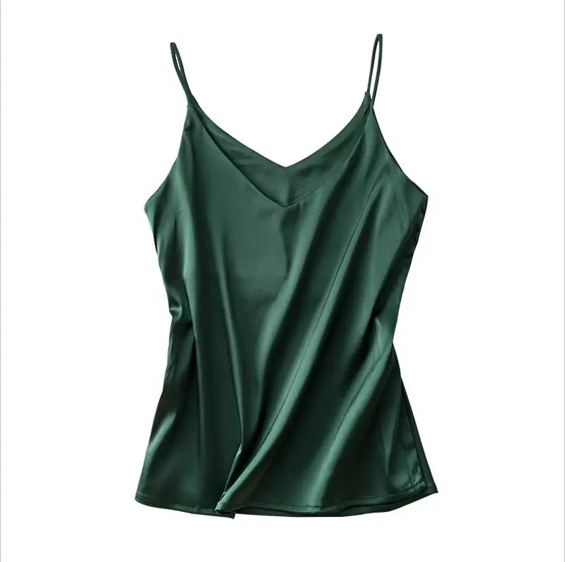 Dark Green Топ на тонких бретелях, женский топ с v-образным вырезом, базовая белая майка без рукавов, атласная шелковая майка, женская летняя майка размера плюс - Цвет: Dark Green