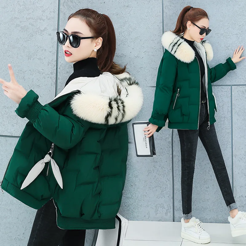 

Autumn & Winter Contrast Color New Style Thick Cotton Fashion Fur Collar Korean-Style 2019 Short Cardigan Hooded 96% And Or abov
