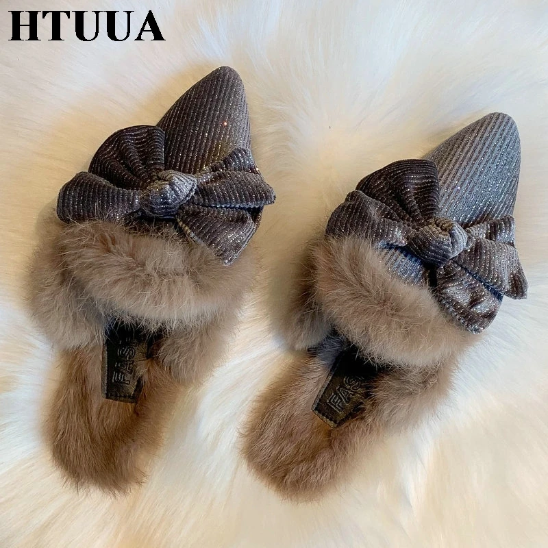 HTUUA/пушистые тапочки с натуральным кроличьим мехом; женские сабо; сезон осень-зима; меховые шлепанцы с бантом; женские лоферы без застежки; SX3462