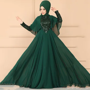 

Fashion Islamic Ramadan Chiffon Shawl Long Sleeve Sequin Retro Dress Arab Muslim Women Dress Turkish National Style Dress