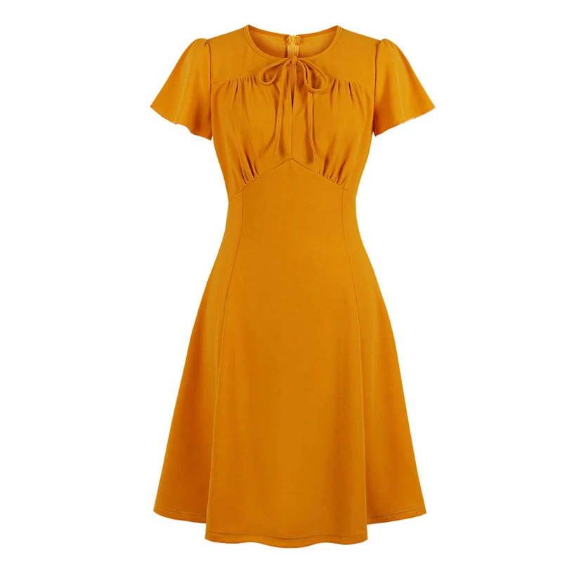 

Vintage Orange Summer Dress Plus Size Women Tunic Bow Tie Neck Office Lady Elegant A Line Casual Work Dress Ropa Mujer Vestidos