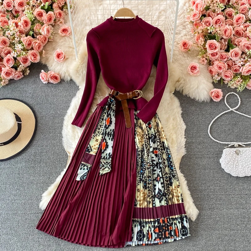

Women's Autumn Winter Runway Fashion Long Sleeve Knitted Patchwork Pleated Dress Female Chic Travel Party Print Dress TB1092