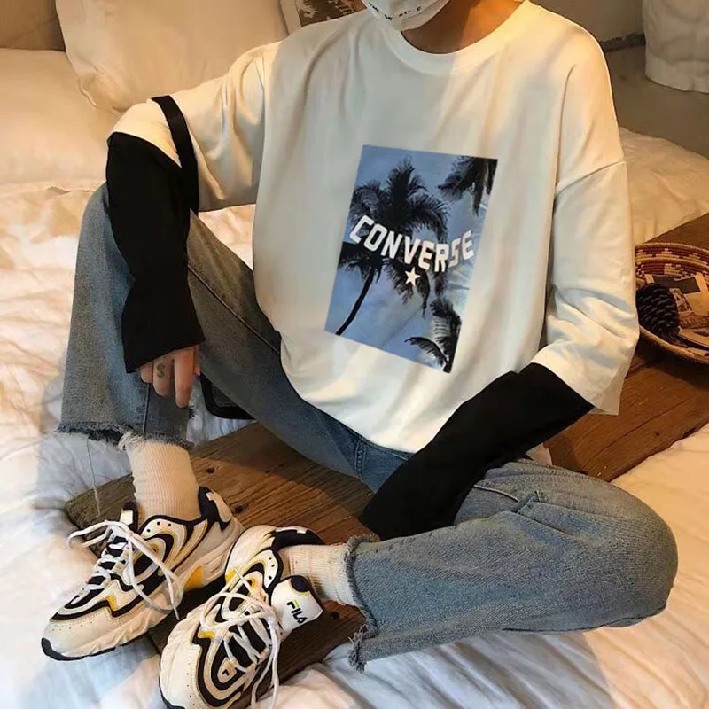 Coconut tree Print Fake two White Black Patchwork Men T shirt Long Sleeve Casual Couple Clothes Autumn oversized women tops 2019 Coconut tree Print Fake two White Black Patchwork Men T shirt Long Sleeve Casual Couple Clothes Autumn oversized women tops 2019