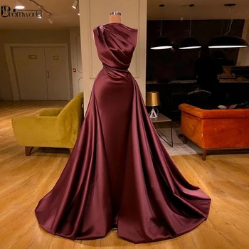 

Abendkleider 2020 Burgundy Moroccan Kaftan Muslim Evening Gown Pleat Satin Arabic Mermaid Dubai Formal Dress Long Vestidos