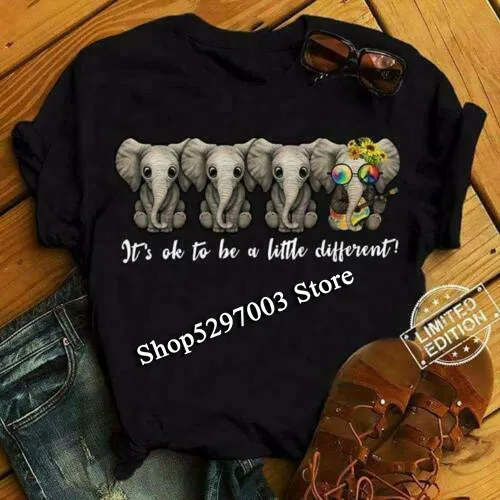 Elephant Hippie It'S Ok To Be A Little Different Ladies T-Shirt Black Cotton Funny Design Tee Shirt |