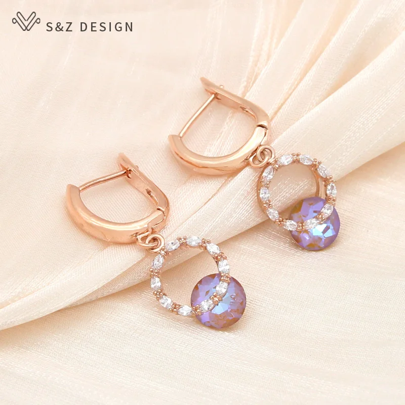 S&Z DESIGN New Cute Round Cubic Zirconia Crystal Dangle Earrings For Women Party Fashion Jewelry Lady Girls Daily Accessories