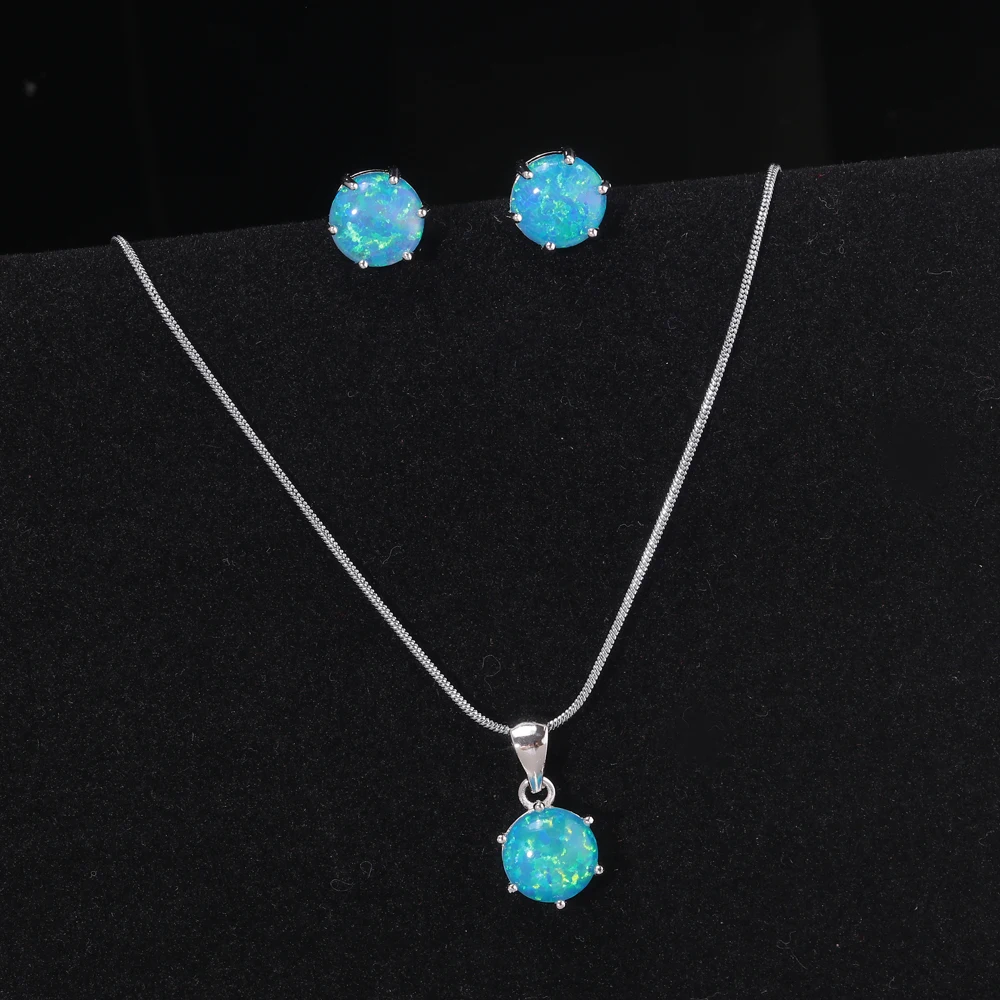 CiNily Created White Blue Fire Opal Silver Plated Wholesale for Women Jewelry Pendant Stud Earrings Jewelry Set OT107-08