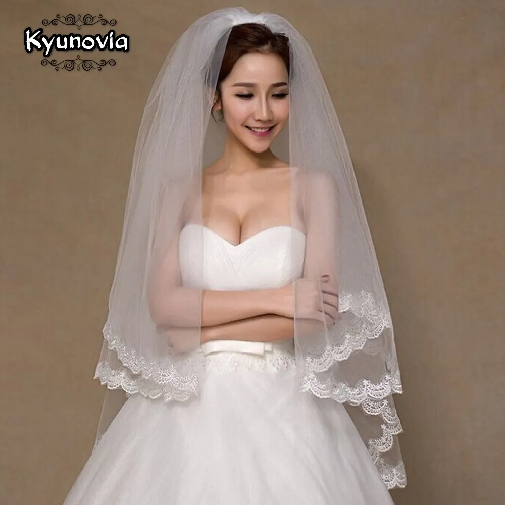 Kyunovia 2 слоя Фата красивые белые собор короткие свадебная фата с кружевным краем