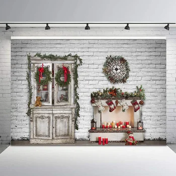 

Christmas Backdrop Retro Vintage White Brick Wall Fireplace Photography Backdrops Red Christmas Stocking Photo Backgrounds