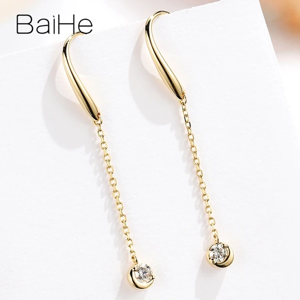 BAIHE Solid 18K желтое золото всего 0.16ct круглый натуральными бриллиантами свадебные помолвки модные ювелирные изделия подарок серьги-гвоздики