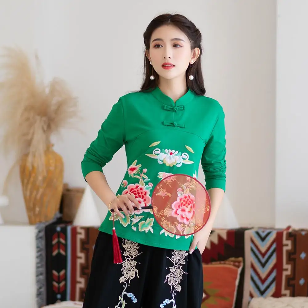 KYQIAO blusa feminina Женский Осенний Традиционный китайский стиль воротник стойка зеленый черный красный цветочный Вышивка блузка рубашка - Цвет: Зеленый