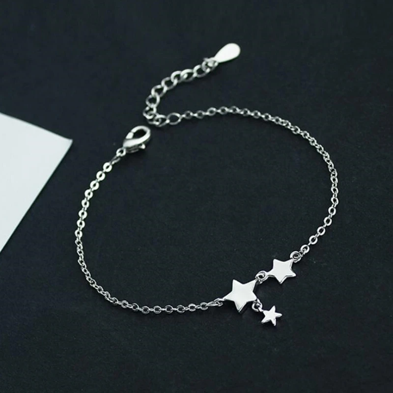 925 Sterling Silver New Fashion Three Stars Pendant Anklets Bracelet 925 Sterling Silver Simple Charm Star Ankle Chain For Women&Girl Jewelry Gift - Цвет: 925 Sterling Silver
