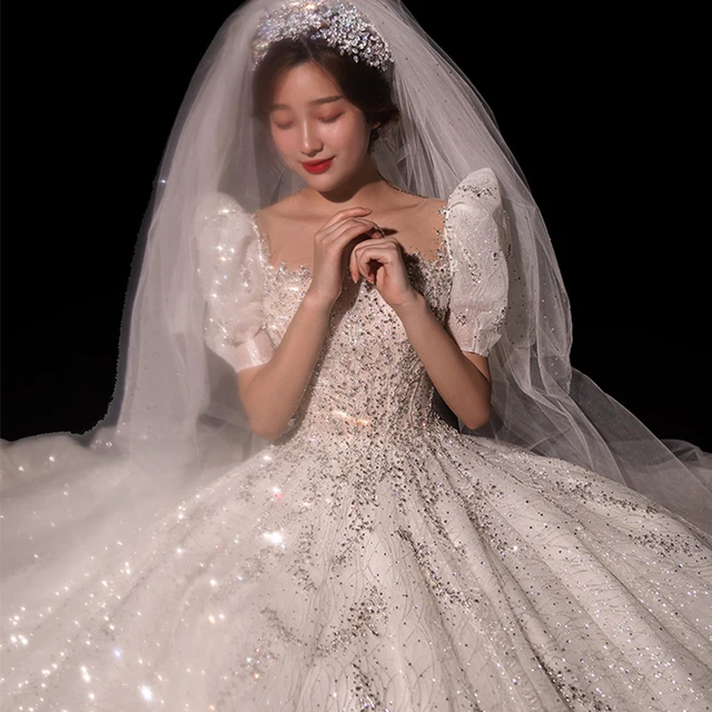 HLF48 2021 Newest Wedding Dress Girls Luxury Lace Sequinded Short Sleeves Bridal Gown suknie slubne vestido novia 4