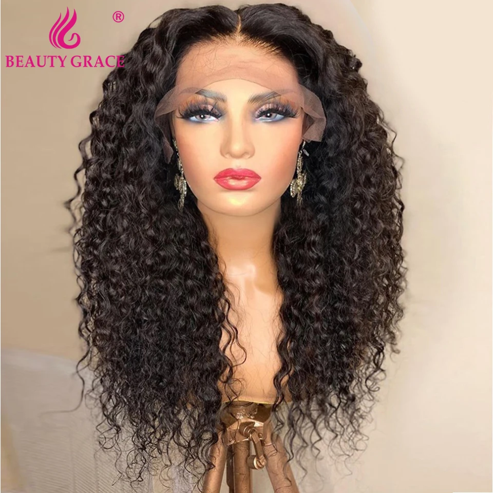 30 Inch Curly Deep Wave Lace Frontal Wig Kinky Human Hair Wet And Wavy T Part Front Closure Wigs For Women | Шиньоны и парики
