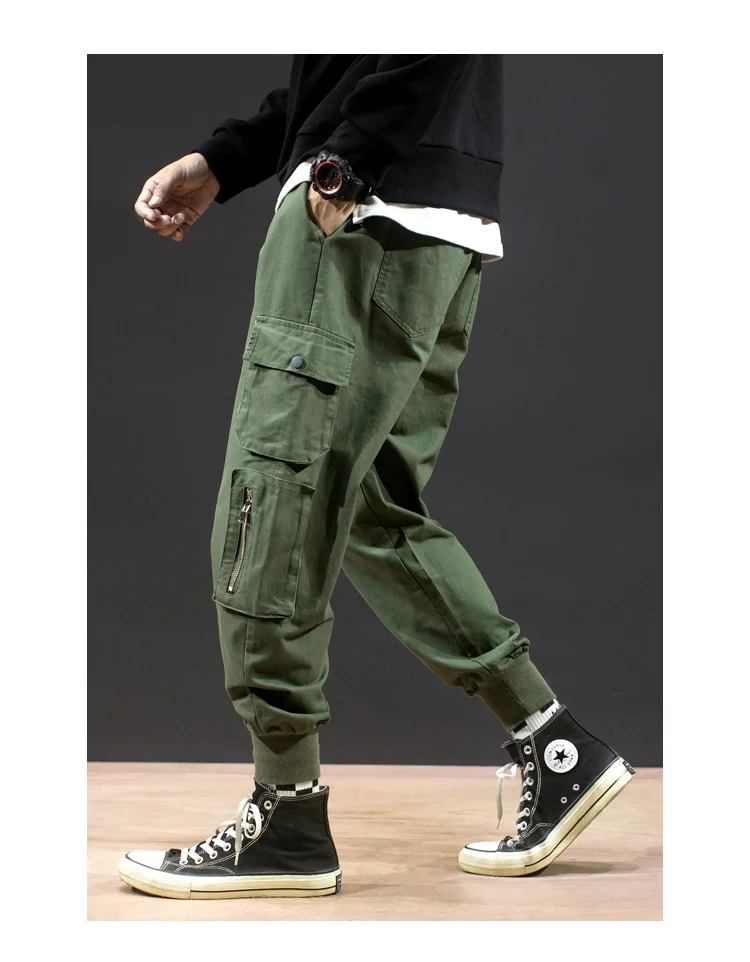 Men's Cargo Pants Cotton Comfortable Drawstring Multi-pocket Joggers Trousers Solid color Beam Foot Cargo Pants Men Autumn