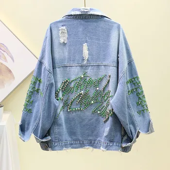 

Chaquetas Mujer Autumn Denim Jacket Women Letter Embroidery Beaded Coat Women Loose Hole Bomber Jacket Jaqueta Jean Coat Abrigos
