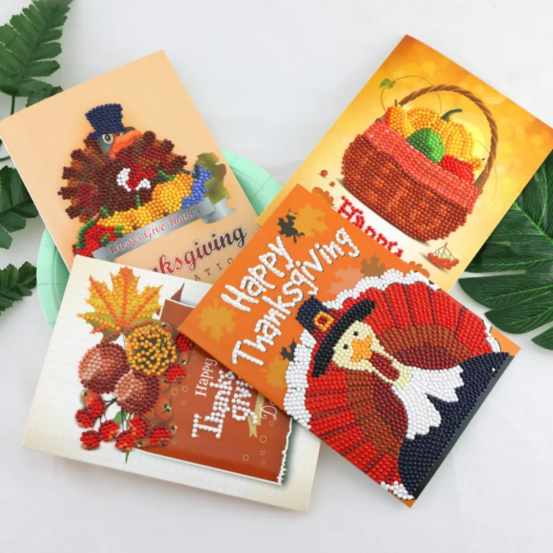  4PCS Thanksgiving Cards 5D DIY Diamond Painting Cross Stitch Greeting Card Invitations Hand Embroid - 4.0003E+12