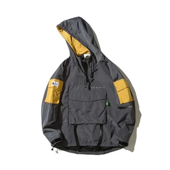 

2020Half Zipper Pullover Jacket Men New Autumn Hip Hop Hooded Jacket Front Pocket Casual Windbreaker Hoodie Streetwear Harajuku