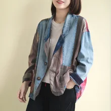 Female Long Sleeve Loose Womens Tops And Blouses Vintage Unique Design Splicing Cowboy Clothing Suit Coat