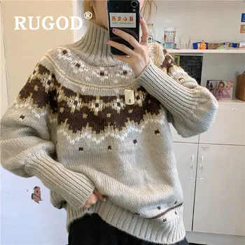 

RUGOD Turtleneck Sweater Warm Pullover Contrast Color Jumper Winter Tops For Women Knitwear Plus Size Korean Style
