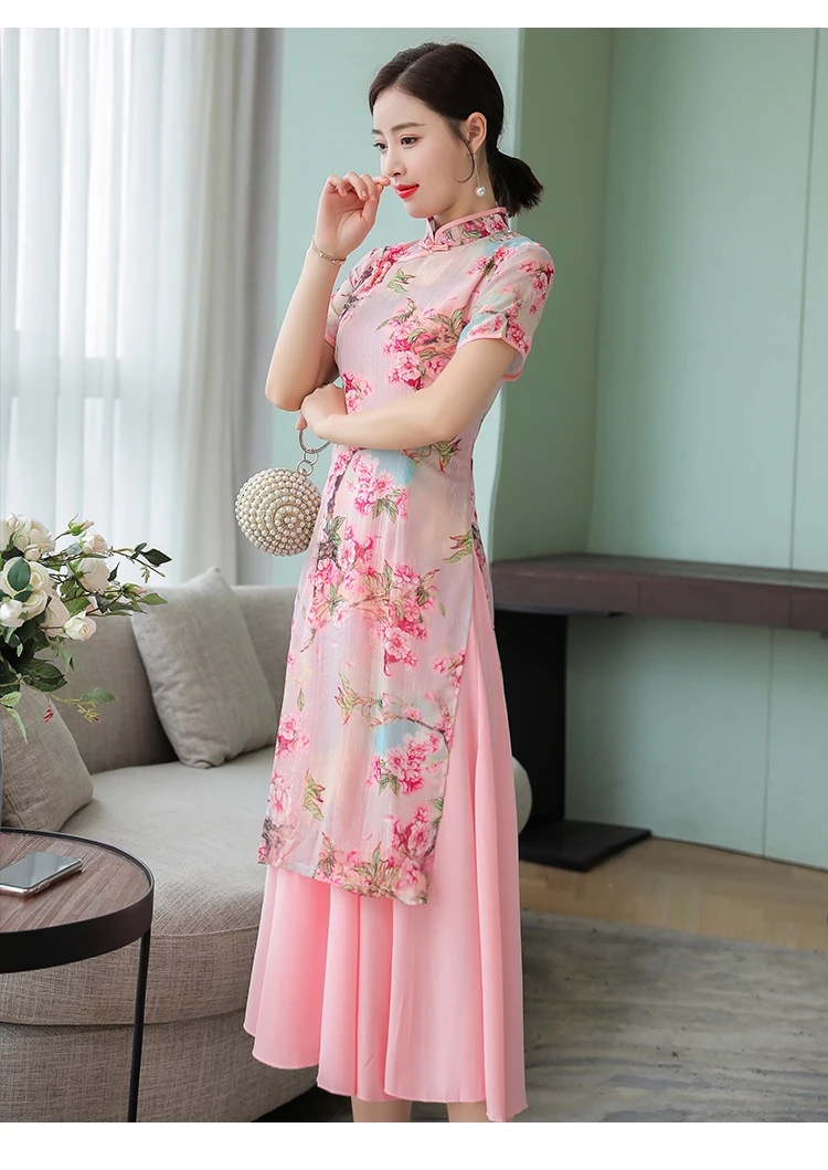 Vietnam Audrey, кружевное длинное женское платье Ципао, лето, стиль, Ретро стиль, китайский стиль, стоячий воротник, короткий рукав, платье для женщин