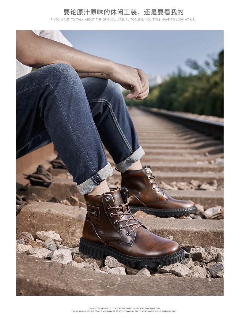CEVABULE Autumn/Winter Martin Boots Outdoor Men's Workshoes Big Size British Leather Boots Men's Head Leather Plus Velvet