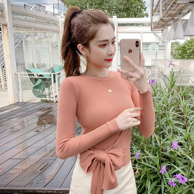 

2019 Autumn new Korean version of the round neck waist with knit slim slimming blouse sweater