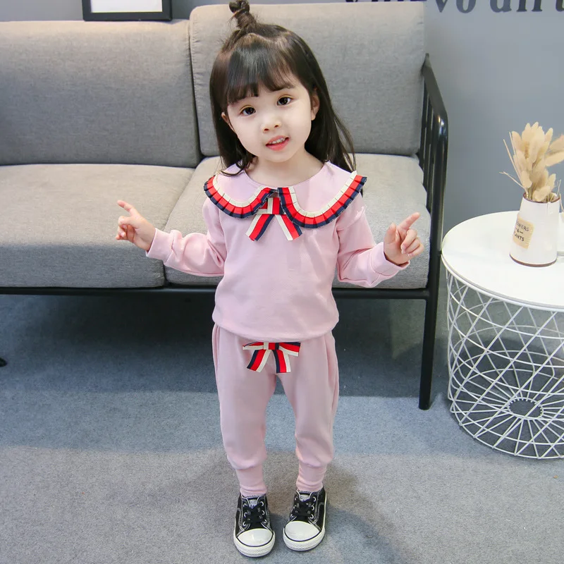 2pcs pink Комплект детской одежды для девочек; сезон весна-осень; Модная хлопковая одежда с длинными рукавами в радужную полоску в Корейском стиле; костюм для маленьких девочек - Цвет: 2pcs pink