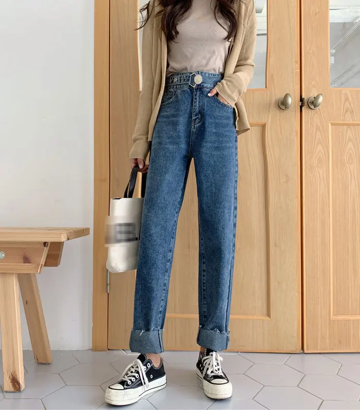 Loose Jeans Woman New Fashionthin Solid Color Big Buckle Straight Pants Wool Side Jeans Long Pants Women High Waist Woman