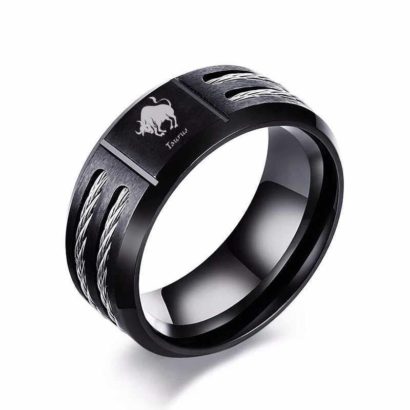 Винтаж 12 гороскоп кольца для Для мужчин Пользовательские Стрелец Aries Созвездие льва ювелирные изделия с черным Нержавеющая сталь витой WIA - Цвет основного камня: Taurus