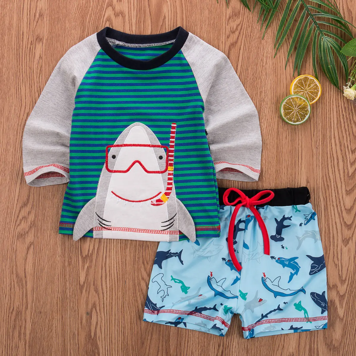 New Kid Boys Long Sleeve Shark Cotton Tops T-shirt+Shorts Pants Clothes