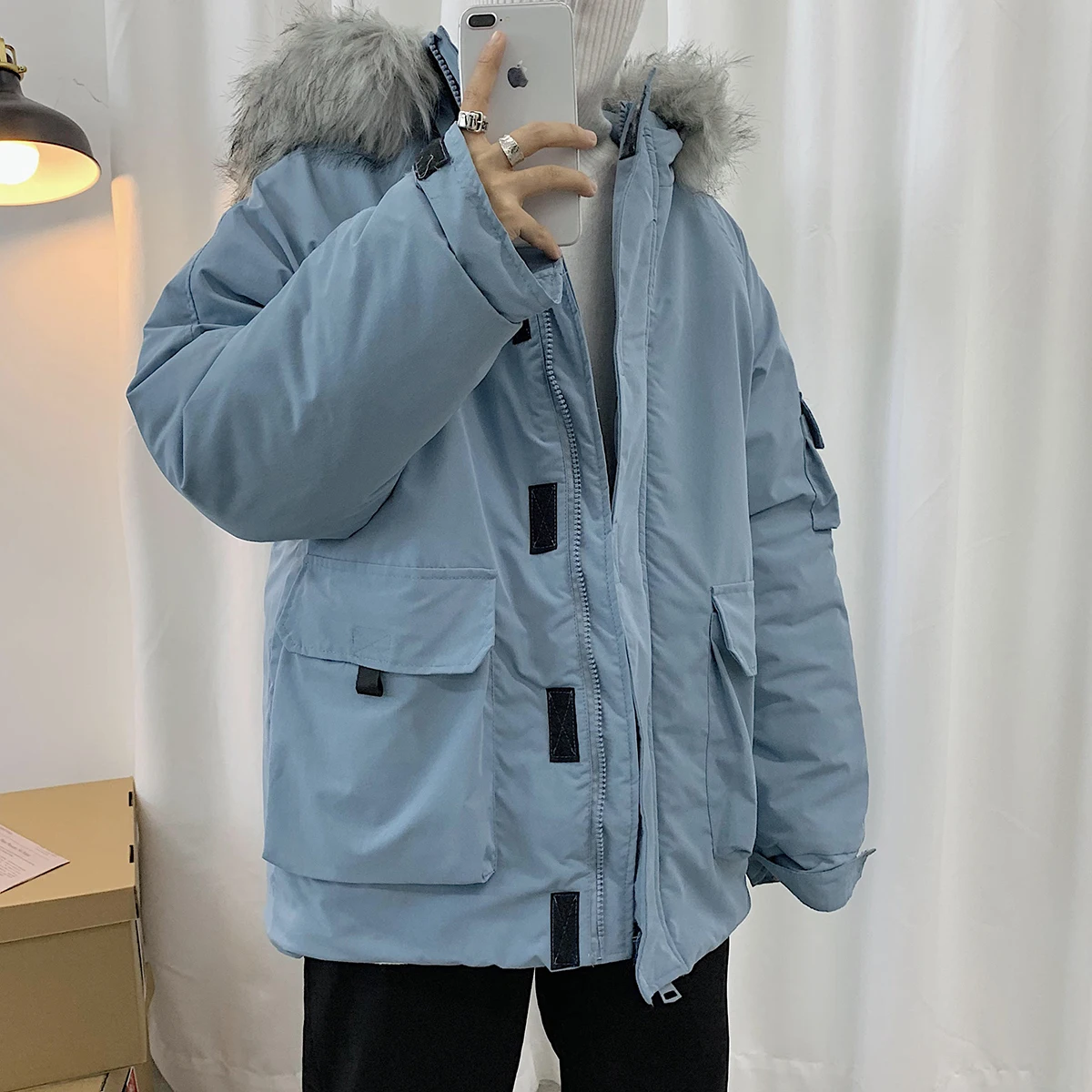 LAPPSTER Мужская меховая Harajuku зимняя куртка Мужская корейская модная белая парка Мужская Дизайнерская куртка ветровка - Цвет: Blue