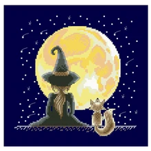 Little witch under the moon cross stitch kit design cotton silk thread 14ct 11ct deep blue canvas embroidery DIY needlework