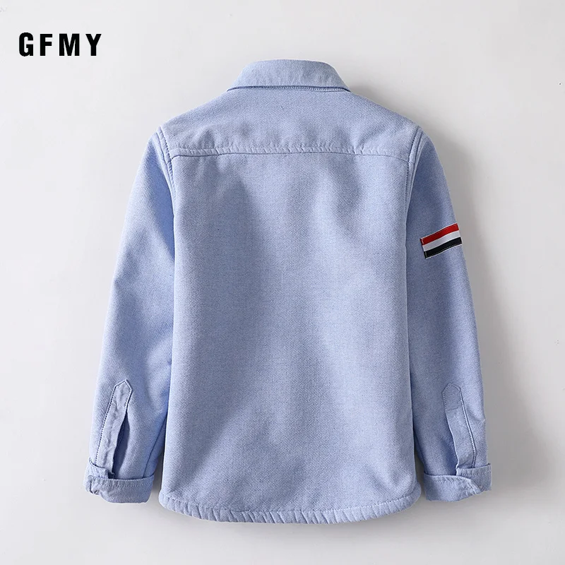 GFMY/ г. Зимняя модная Однотонная рубашка с длинными рукавами из хлопка для мальчиков От 3 до 12 лет повседневная одежда для больших детей синие и белые рубашки