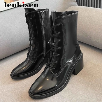 

Lenkisen 2020 work boots real leather cross-tied carrer round toe high square heels zipper office lady keep warm ankle boots L17
