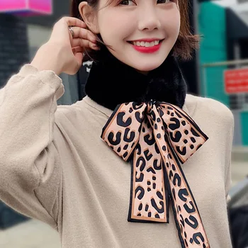 

Fashion Women Scarf Autumn Winter Soft Fur Collar Ribbon Female Neck Warm Leopard Print Silk Scarf Long scarf