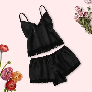 

Women Sexy Satin Silk Lace V-neck Camisole Shorts Lingerie Pajamas Sleepwear Set print pajamas set home clothes 2020