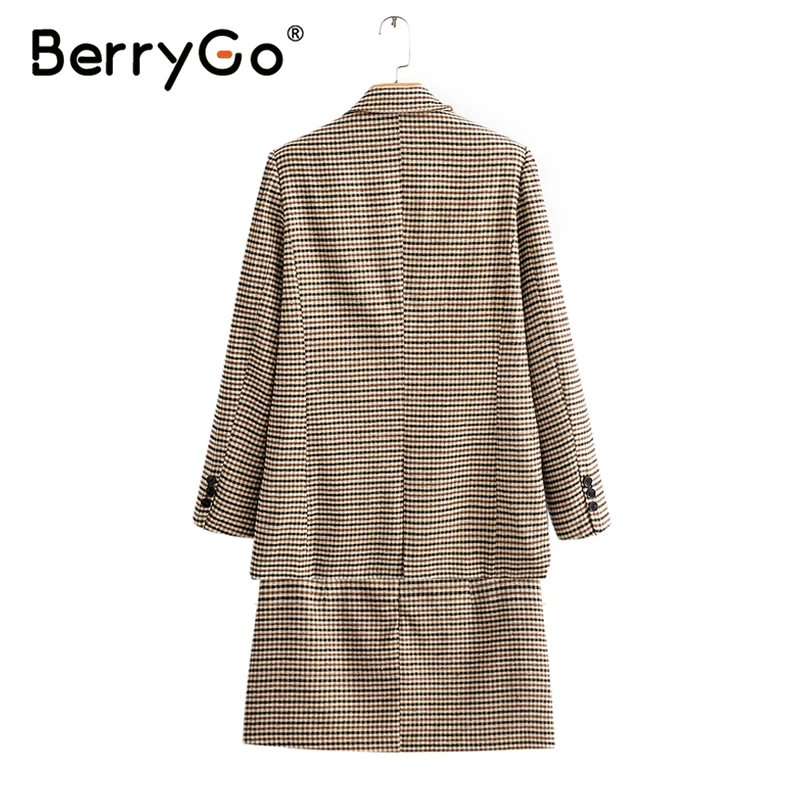 BerryGo Повседневный Женский клетчатый Блейзер, костюмы с длинным рукавом и карманами на пуговицах, Женский блейзер, комплект с юбкой, модный офисный Женский блейзер, наборы