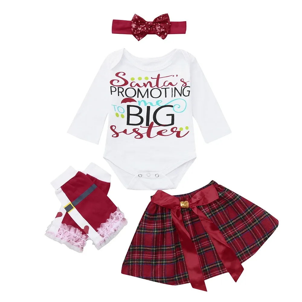 Детская Рождественская одежда Рождественский комбинезон с длинными рукавами для новорожденных девочек+ юбка с бантом+ гетры+ набор повязок Ropa Navidad - Цвет: as picture